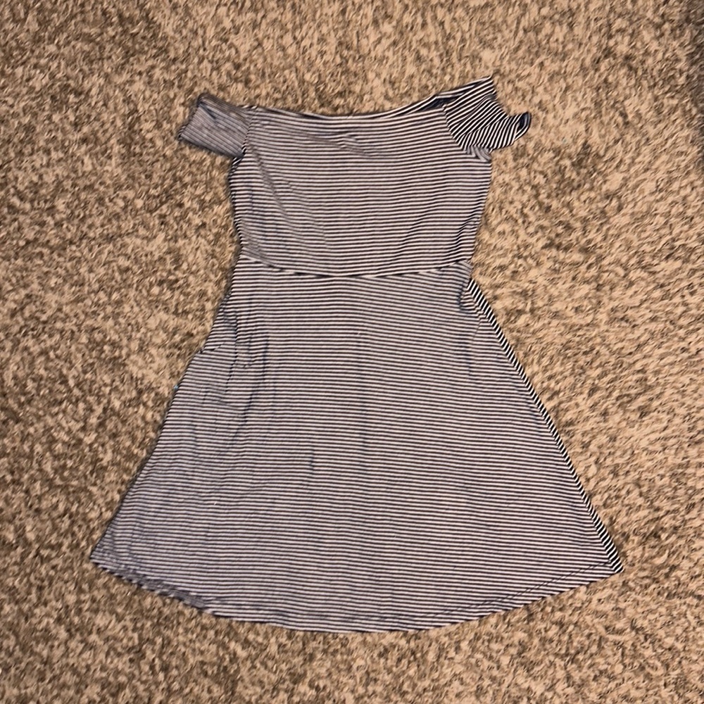 Navy Blue and White Stripe Off the Shoulder Dress